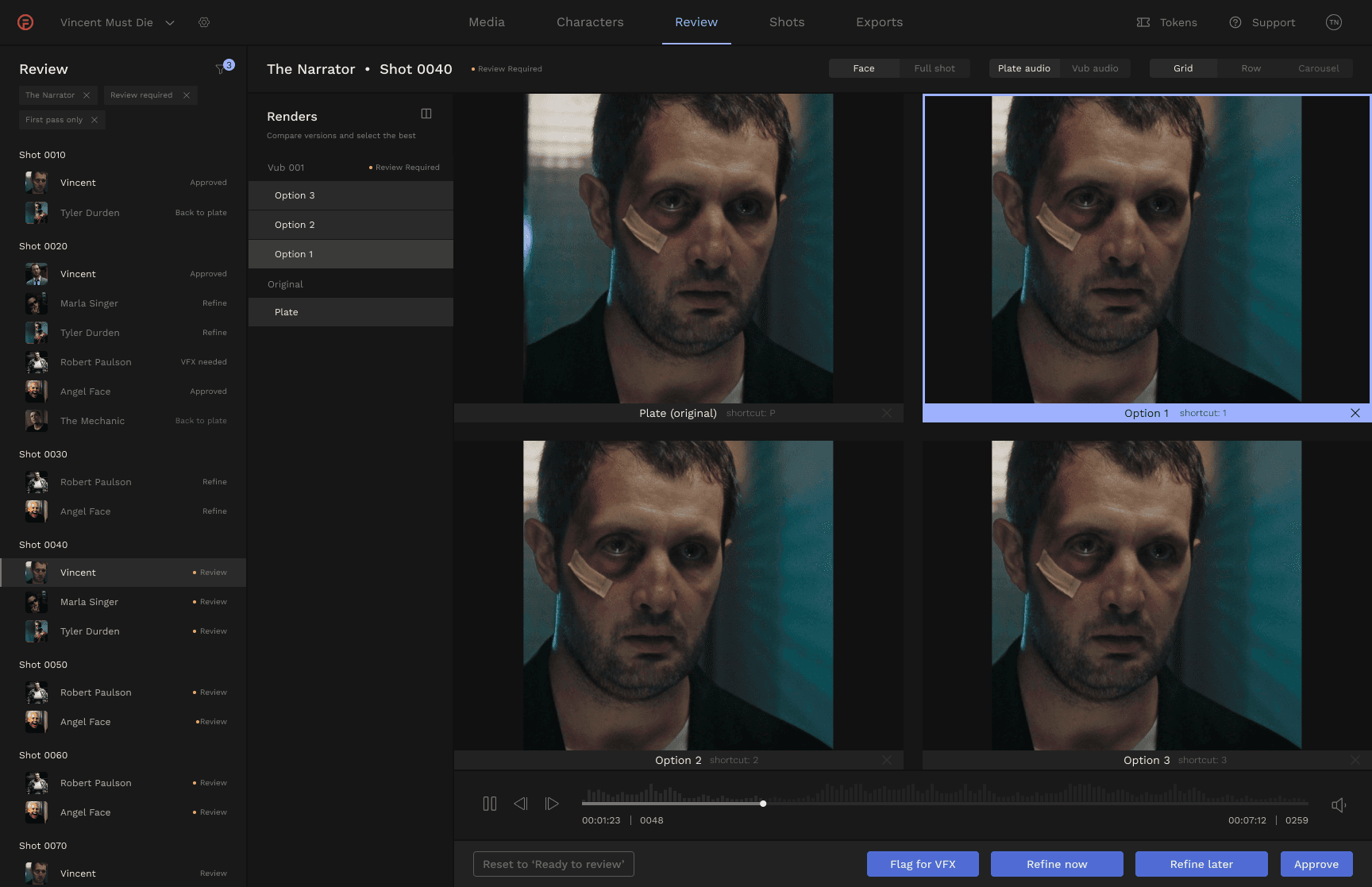 TrueSync interface: a frame of a performance being visually dubbed across languages.